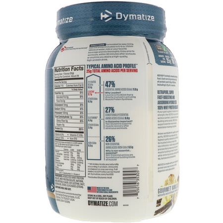 Vassleprotein, Idrottsnäring: Dymatize Nutrition, ISO 100 Hydrolyzed, 100% Whey Protein Isolate, Gourmet Vanilla, 1.6 lbs (725 g)