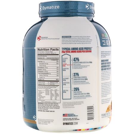 Vassleprotein, Idrottsnäring: Dymatize Nutrition, ISO 100 Hydrolyzed, 100% Whey Protein Isolate, Peanut Butter, 5 lb (2.3 kg)