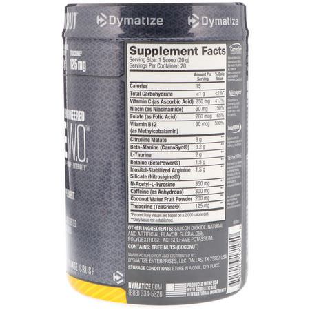 Citrulline Malate, Kväveoxid, Koffein, Stimulerande: Dymatize Nutrition, Pre-W.O, Pineapple Orange Crush, 14.11 oz (400 g)