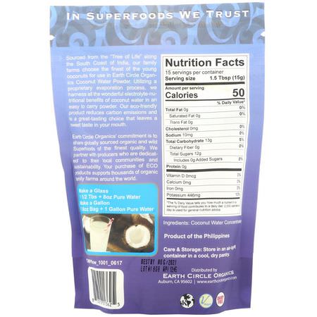 Mjölk, Kokosnötvatten, Drycker: Earth Circle Organics, 100% Coconut Water Powder, 8 oz (226.7 g)