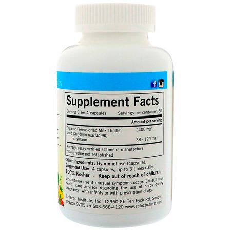 Mjölktistel Silymarin, Homeopati, Örter: Eclectic Institute, Milk Thistle, 600 mg, 240 Non-GMO Veg Caps