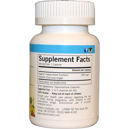 Curcumin, Gurkmeja, Antioxidanter, Kosttillskott: Eclectic Institute, Turmeric, 395 mg, 90 Non-GMO Veggie Caps
