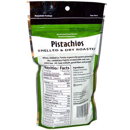 Snacks, Pistascher, Frön, Nötter: Eden Foods, Organic, Pistachios, Shelled & Dry Roasted, Lightly Sea Salted, 4 oz (113 g)