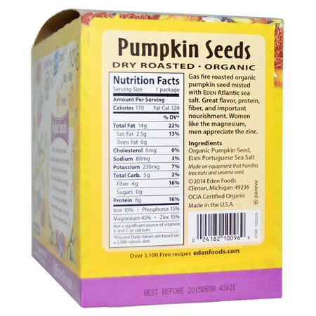 Mellanmål, Pepitas, Pumpafrön: Eden Foods, Organic, Pocket Snacks, Pumpkin Seeds, Dry Roasted, 12 Packages, 1 oz (28.3 g) Each