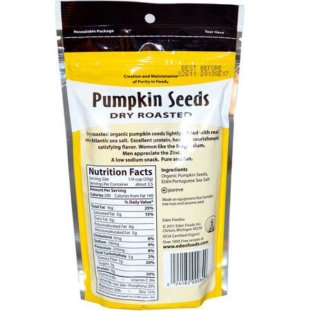 Mellanmål, Pepitas, Pumpafrön: Eden Foods, Organic, Pumpkin Seeds, Dry Roasted, 4 oz (113 g)