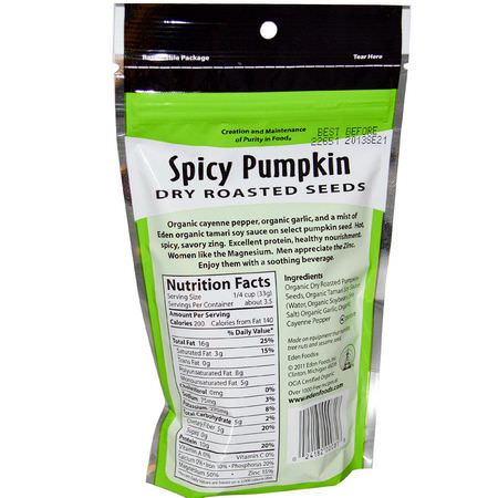 Pepitas, Pumpafrön, Nötter: Eden Foods, Organic, Spicy Pumpkin Dry Roasted Seeds, 4 oz (113 g)