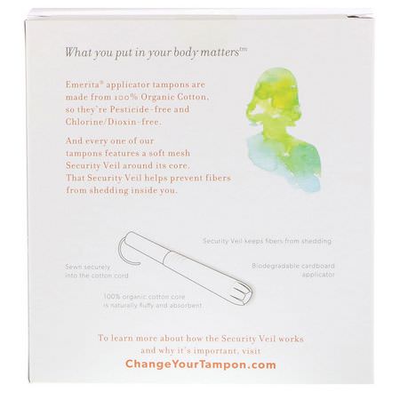 Tamponger, Feminin Hygien, Bad: Emerita, 100% Organic Cotton Tampons with Security Veil, Multipack, 32 Tampons