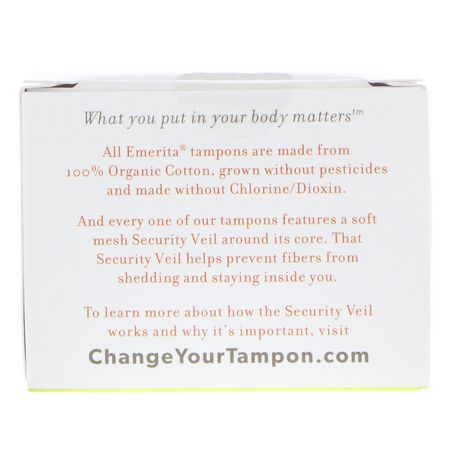Tamponger, Feminin Hygien, Bad: Emerita, Organic Cotton Tampons with Security Veil, Non-Applicator, Regular, 24 Tampons