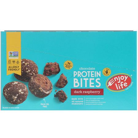 Proteinsnacks, Brownies, Kakor, Sportsbarer: Enjoy Life Foods, Chocolate Protein Bites, Dark Raspberry, 8 Pouches, 1.7 oz (48 g) Each