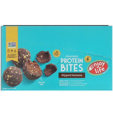 Proteinsnacks, Brownies, Kakor, Sportbarer: Enjoy Life Foods, Chocolate Protein Bites, Dipped Banana, 8 Pouches, 1.7 oz (48 g) Each
