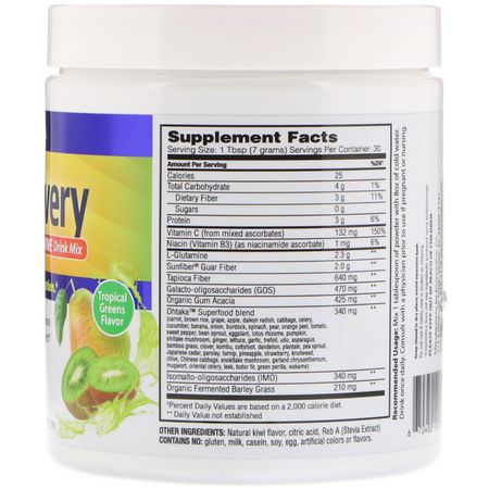 L-Glutamin, Aminosyror, Prebiotika, Probiotika: Enzymedica, GI Recovery Superfoods & Glutamine Drink Mix, Tropical Greens Flavor, 210 g