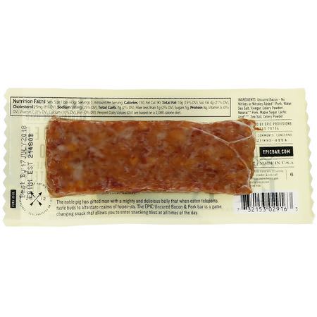 Kött Snacks, Jerky, Snacks: Epic Bar, Uncured Bacon, Pork + Maple Bar, 12 Bars, 1.5 oz (43 g) Each