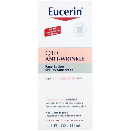 Krämer, Ansiktsfuktare, Serum, Behandlingar: Eucerin, Q10 Anti-Wrinkle Sensitive Skin Lotion, SPF 15 Sunscreen, 4 fl oz (118 ml)