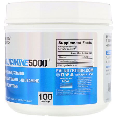 L-Glutamin, Aminosyror, Kosttillskott: EVLution Nutrition, Glutamine 5000, Unflavored, 17.6 oz (500 g)