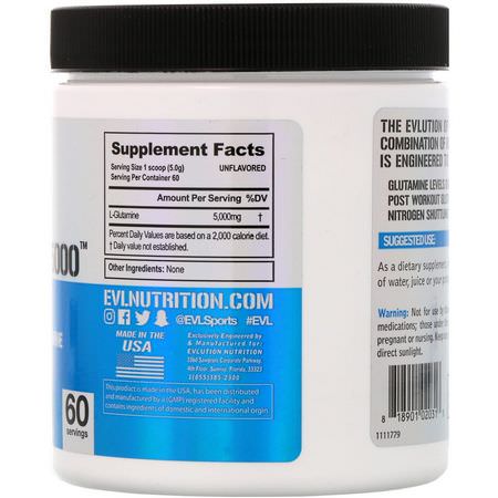 L-Glutamin, Aminosyror, Kosttillskott: EVLution Nutrition, Glutamine5000, Unflavored, 5000 mg, 10.6 oz (300 g)
