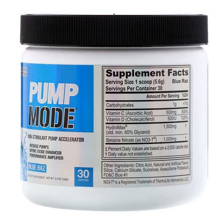 Pre-Workout, Pre-Workout Supplement, Sports Nutrition: EVLution Nutrition, PumpMode, Non-Stimulant Pump Accelerator, Blue Raz, 5.9 oz (168 g)