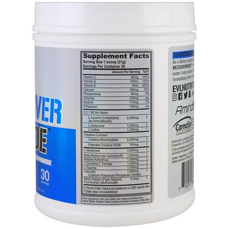 Kreatin, Muskelbyggare, Idrottsnäring, Aminosyror: EVLution Nutrition, Recover Mode, Post-Workout RecoverMode, Blue Raz, 22.2 oz (6.30 g)