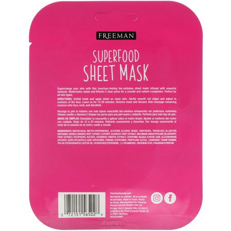 Blemish Masks, Acne, Peels, Face Masks: Freeman Beauty, Superfood Sheet Mask, Pore Clearing Watermelon Radish, 1 Mask