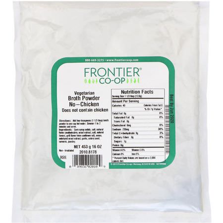 Bouillon, Buljonger, Buljong, Soppa: Frontier Natural Products, Vegetarian Broth Powder, No-Chicken, 16 oz (453 g)