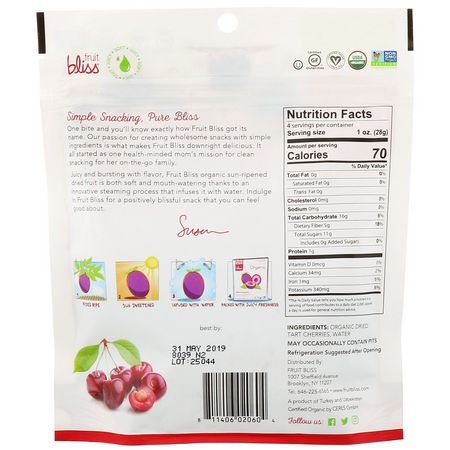 Vegetabiliska Mellanmål, Körsbär, Superfood: Fruit Bliss, Soft & Juicy Tart Cherries, Organic, Dried & Pitted, 4 oz (113 g)
