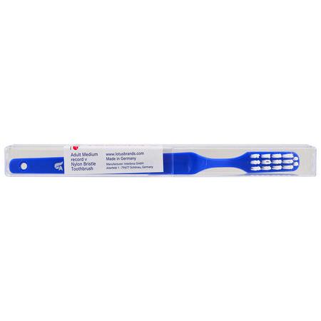 Tandborstar, Oral Care, Bath: Fuchs Brushes, Record V, Nylon Bristle Toothbrush, Adult Medium, Blue, 1 Toothbrush