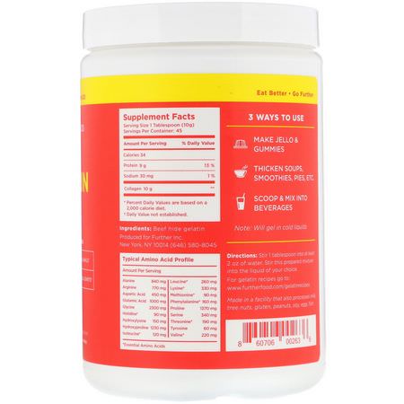 Gelatin, Naglar, Hud, Hår: Further Food, Premium Gelatin Powder, Unflavored, 16 oz (450 g)