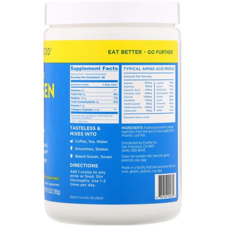 Kollagentillskott, Fog, Ben, Kosttillskott: Further Food, Premium Marine Collagen Peptides, Unflavored, 6.5 oz (185 g)