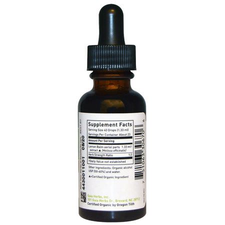 Lemon Balm Melissa, Homeopati, Örter: Gaia Herbs, Certified Organic Lemon Balm Herb, 1 fl oz (30 ml)