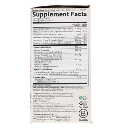 Vitamin B, Vitaminer, Binjurar, Kosttillskott: Garden of Life, MyKind Organics, Adrenal, Daily Balance, 120 Vegan Tablets