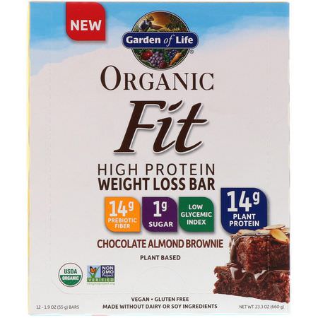 Viktminskningsbarer, Kost, Brownies, Kakor: Garden of Life, Organic Fit, High Protein Weight Loss Bar, Chocolate Almond Brownie, 12 Bars, 1.9 oz (55 g) Each