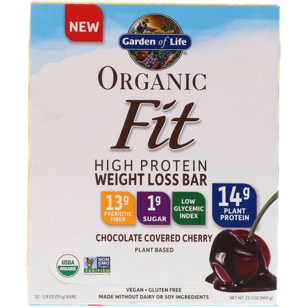 Viktminskningsbarer, Kost, Brownies, Kakor: Garden of Life, Organic Fit, High Protein Weight Loss Bar, Chocolate Covered Cherry, 12 Bars, 1.9 oz (55 g) Each