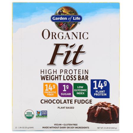 Viktminskningsbarer, Kost, Brownies, Kakor: Garden of Life, Organic Fit, High Protein Weight Loss Bar, Chocolate Fudge, 12 Bars, 1.9 oz (55 g) Each