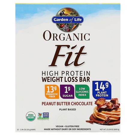 Viktminskningsbarer, Kost, Brownies, Kakor: Garden of Life, Organic Fit, High Protein Weight Loss Bar, Peanut Butter Chocolate, 12 Bars, 1.94 oz (55 g) Each