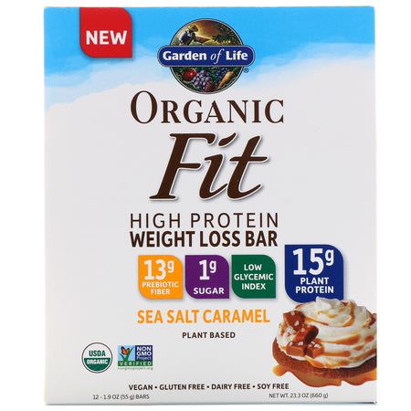 Växtbaserade Proteinbarer, Proteinbarer, Viktminskningsbarer, Kost: Garden of Life, Organic Fit High Protein Weight Loss Bar, Sea Salt Caramel, 12 Bars, 1.9 oz (55 g) Each