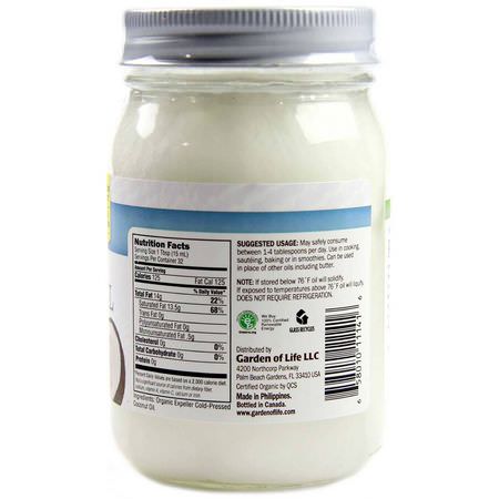Kokosnötsolja, Kokosnöttillskott: Garden of Life, Raw Extra Virgin Coconut Oil, 16 fl oz (473 ml)