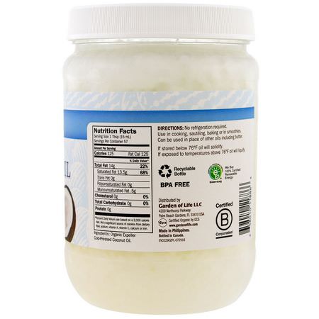 Kokosnötsolja, Kokosnöttillskott: Garden of Life, Raw Extra Virgin Coconut Oil, 29 fl oz (858 ml)