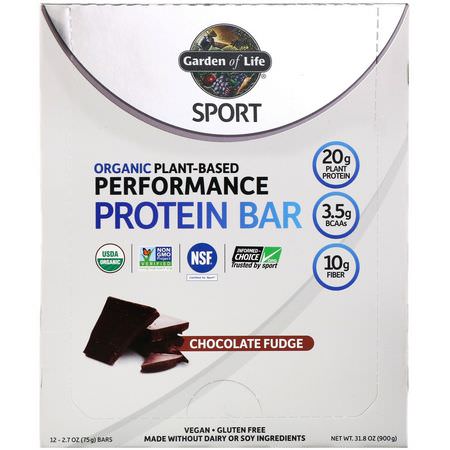 Växtbaserade Proteinbarer, Proteinbarer, Brownies, Kakor: Garden of Life, Sport, Organic Plant-Based Performance Protein Bar, Chocolate Fudge, 12 Bars, 2.7 oz (75 g) Each