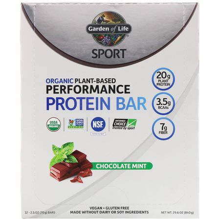 Växtbaserade Proteinbarer, Proteinbarer, Brownies, Kakor: Garden of Life, Sport, Organic Plant-Based Performance Protein Bar, Chocolate Mint, 12 Bars, 2.5 oz (70 g) Each