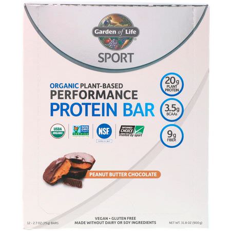Växtbaserade Proteinbarer, Proteinbarer, Brownies, Kakor: Garden of Life, Sport, Organic Plant-Based Performance Protein Bar, Peanut Butter Chocolate, 12 Bars, 2.7 oz (75 g) Each
