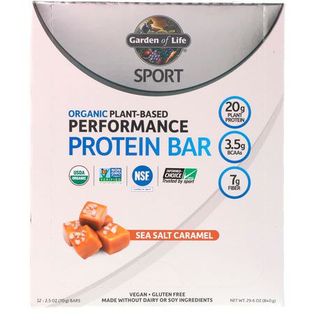 Växtbaserade Proteinbarer, Proteinbarer, Brownies, Kakor: Garden of Life, Sport, Organic Plant-Based Performance Protein Bar, Sea Salt Caramel, 12 Bars, 2.5 oz (70 g) Each