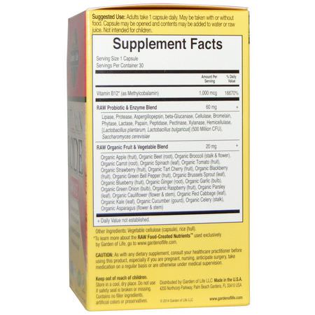 B12, Vitamin B, Vitaminer, Kosttillskott: Garden of Life, Vitamin Code, Raw B-12, 30 Vegan Caps