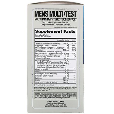 Testosteron, Multivitaminer För Män, Mäns Hälsa, Kosttillskott: GAT, Men's Multi+Test, Multivitamin with Testosterone Support, 90 Tablets