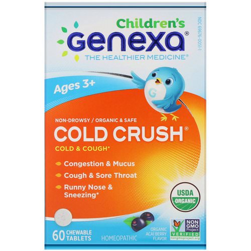 Genexa, Cold Crush for Children, Age 3+, Cold & Cough, Organic Acai Berry Flavor, 60 Chewable Tablets Review