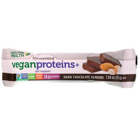 Växtbaserade Proteinbarer, Proteinbarer, Brownies, Kakor: Genuine Health, Fermented Vegan Proteins+, Dark Chocolate Almond, 12 Protein Bars, 1.94 oz (55 g) Each