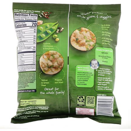 Fingermat, Barer, Mellanmål, Barnmatning: Gerber, Organic Popped Crisps, 12+ months, Green & Yellow Peas, 2.64 oz (75 g)