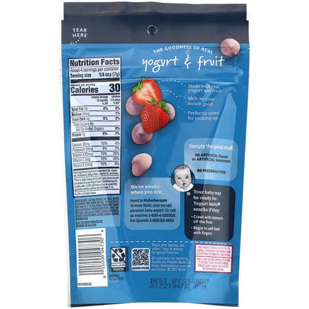 Fingermat, Barer, Mellanmål, Barnmatning: Gerber, Yogurt Melts, Strawberry, Crawler, 8+ Months, 1.0 oz (28 g)
