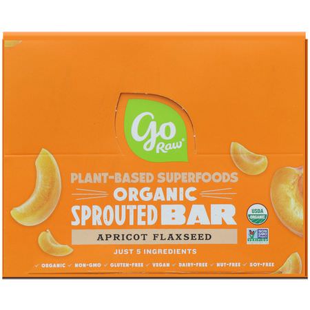 Fruktbarer, Mellanmålstänger: Go Raw, Organic Sprouted Bar, Apricot Flaxseed, 10 Bars, 0.4 oz (11 g) Each