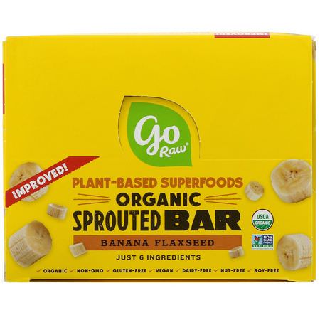 Fruktbarer, Mellanmålstänger: Go Raw, Organic Sprouted Bar, Banana Flaxseed, 10 Bars, 0.4 oz (11 g) Each