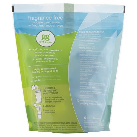 Tvättmedel, Tvätt, Städning, Hem: Grab Green, 3-in-1 Laundry Detergent Pods, Fragrance Free, 60 Loads, 2lbs, 6oz (1,080 g)