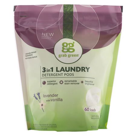 Tvättmedel, Tvätt, Städning, Hem: Grab Green, 3-in-1 Laundry Detergent Pods, Lavender with Vanilla, 60 Loads,2lbs, 6oz (1,080 g)